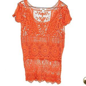 Cato Open Crochet Top Size S Cap Sleeve 100% Cotton Orange Layering Boho Hippie
